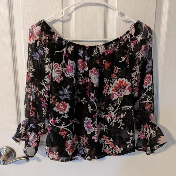 Express Beautiful Boho Sheer‎ Sleeve Floral Off-the-Shoulder Blouse Size XS - Picture 1 of 6
